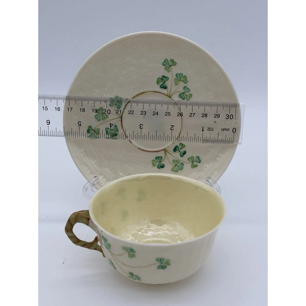 Belleek Irish Porcelain Shamrock Teacup & Saucer 5th Green Mark 1955–1965